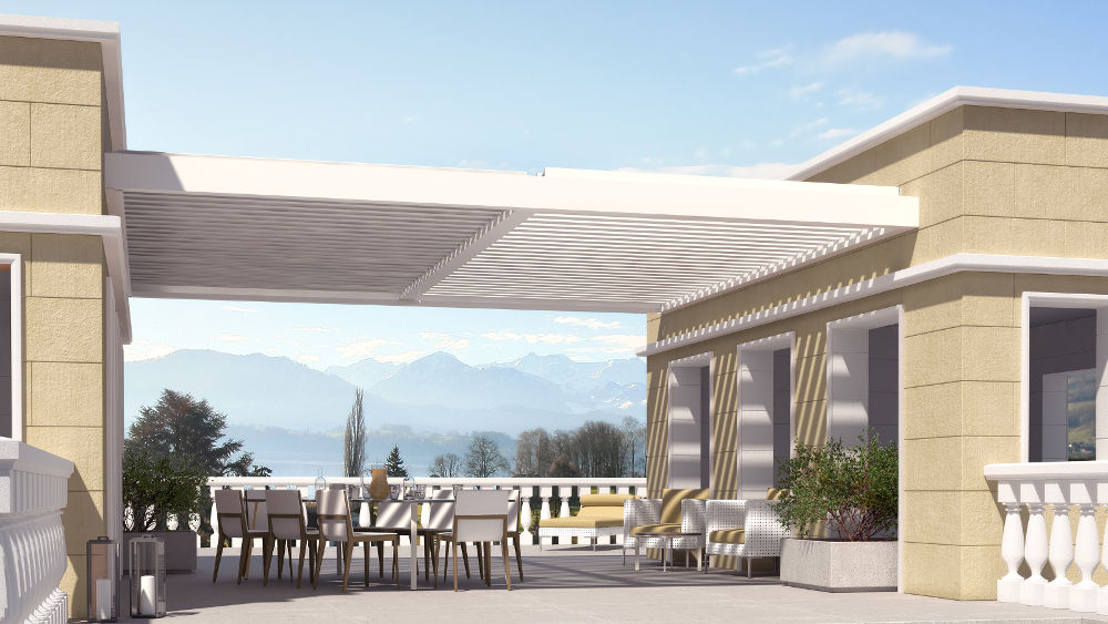 Lamellendach als Pergola zwischen Gebäudewänden montiert. Lamellendach als Pergola zwischen Gebäudewänden montiert.
